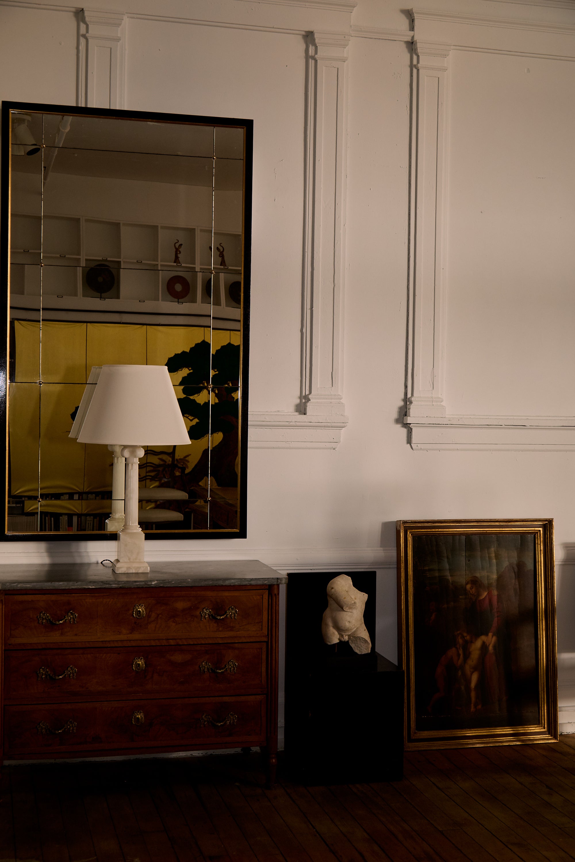 Black lacquer and gilt frame overmantel mirror
