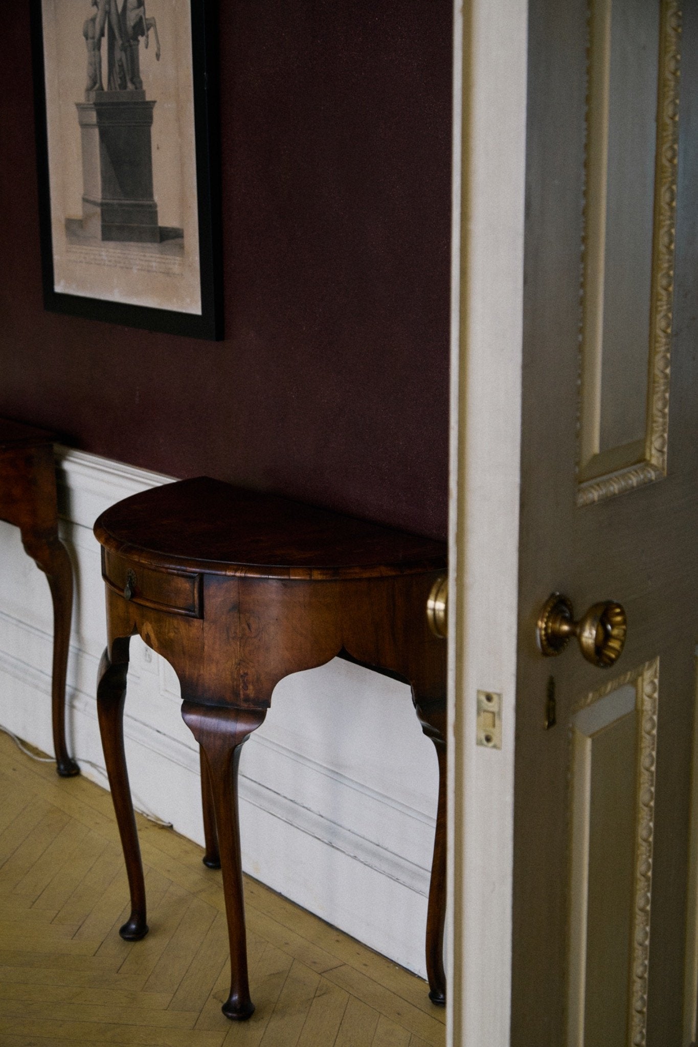 Pair of Georgian Burl Demilune Console Tables